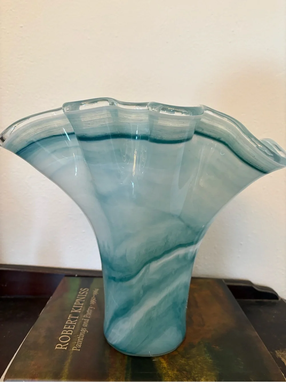 Murano Italy || Large Art Glass Vase Fan Ruffle Light Blue Aqua White 12” Tall